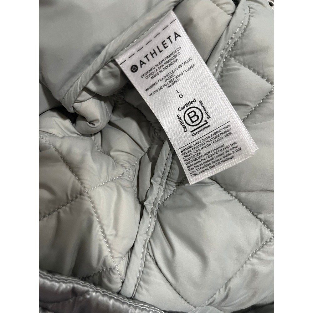 Athleta  Whisper Featherless Metallic quilted jacketSilver Zip Jacket sixe L - Picture 9 of 9